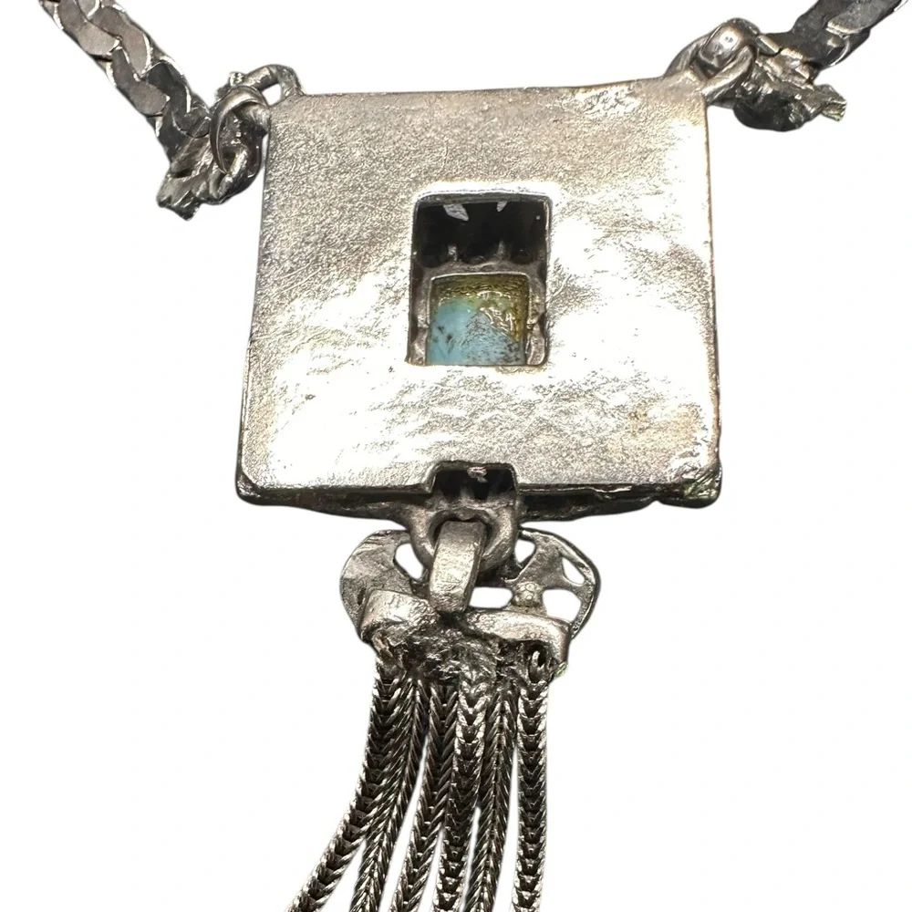 Vintage Etruscan Choker Necklace Tassel Heart Silver Tone Unsigned MCM Statement